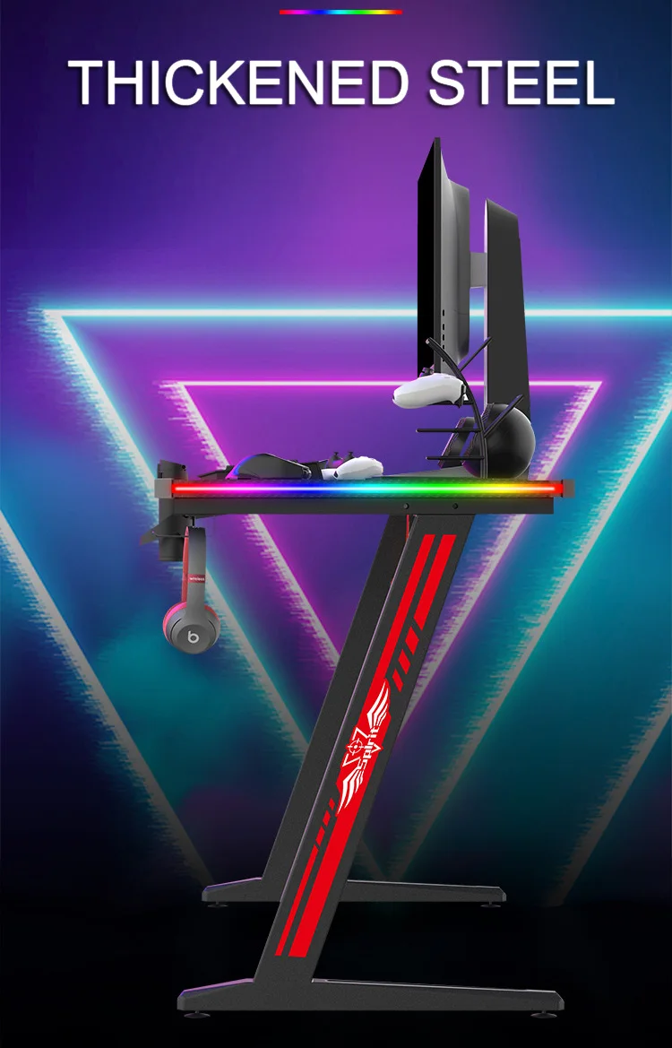 Modern Ergonomic Z Shaped Red Rgb Gaming Table Carbon Fiber Surface Pc