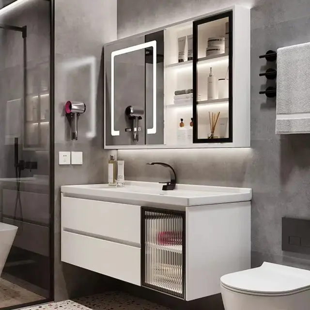 Modern Luxury Solid Wood Bathroom Cabinet  Integrated Intelligent System Light Luxury Home Wash Basin Combination