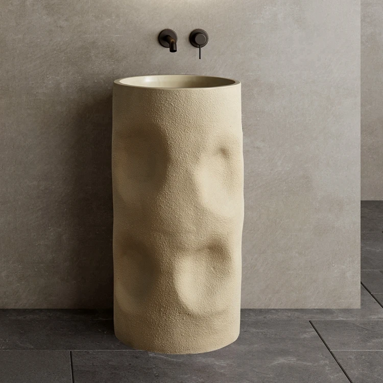 Wabi Sabi Style Cylindrical Shape Bathroom Pedestal Sink Creamy Color Artificial Stone Wash Basin Free Standing Bathroom Sink