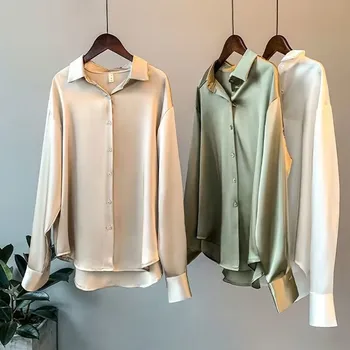 2024 Women's White Satin Blouse Long Sleeve Office button Tops Cotton female Lady Summer long sleeves shirt clothes