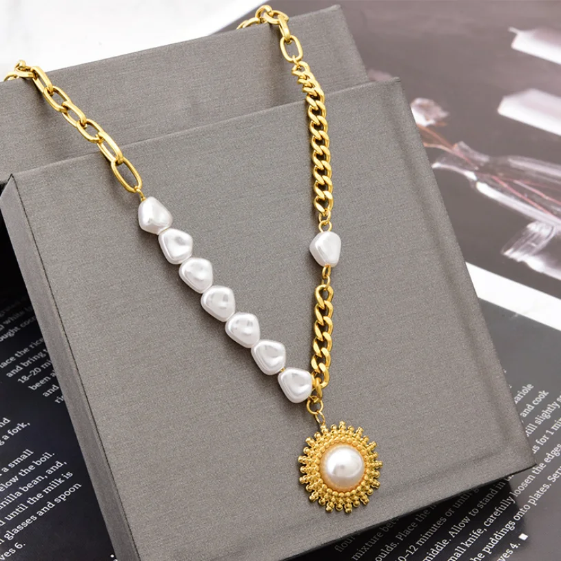 Stainless Steel Chain Simple Irregular Gold Filled Dainty Natural Freshwater Tahitian Pearl Necklace Jewelry Women