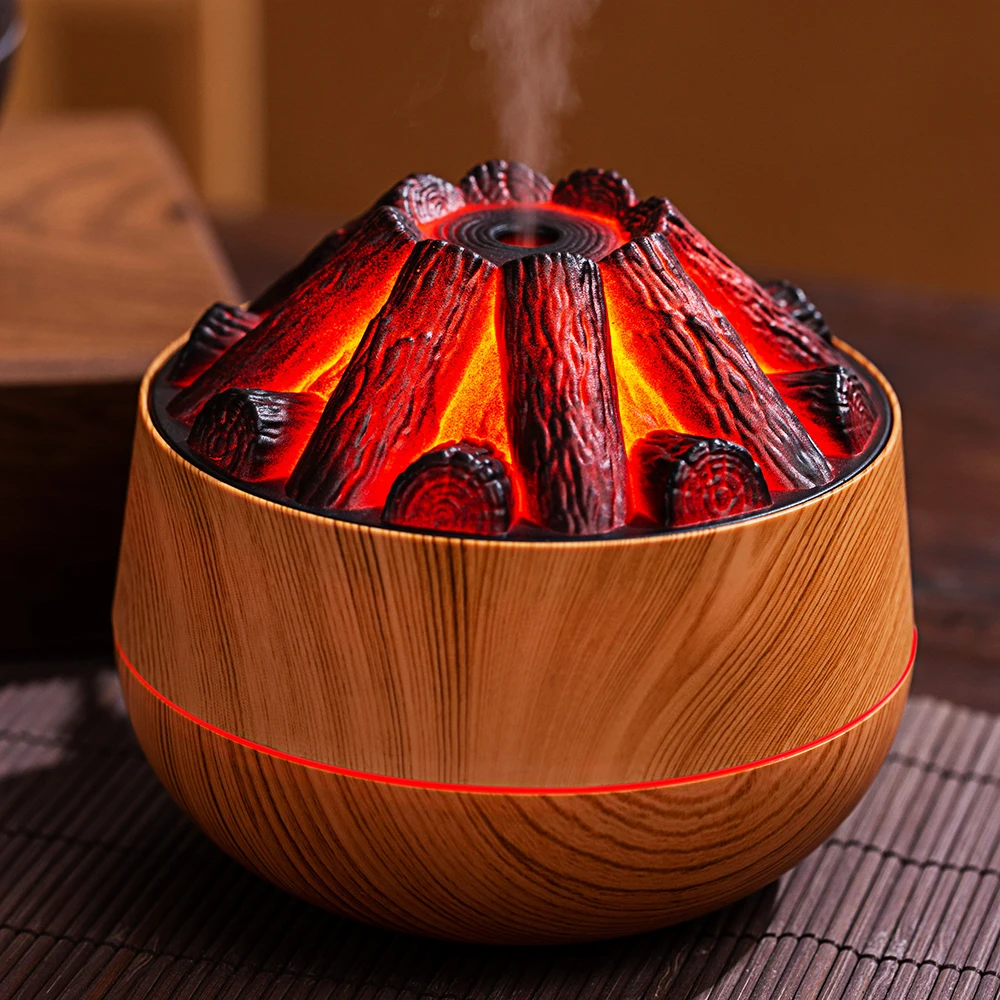 Volcano Mist Diffuser with Charcoal Fire LED Wood Grain 2-in-1 Ultrasonic Aroma Humidifier 300ml Cool Mist for Home Office Car
