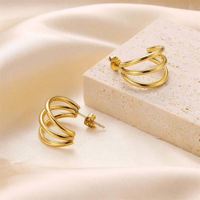 18K Gold Plated Bold Three Layer Line Earrings Stainless Steel