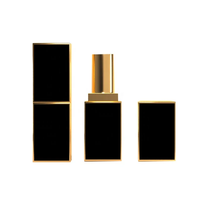 Private Label Luxury Cosmetics Packaging Click Closure Lipstick Tubes Square Black and Gold Gold Lip Balm Tube