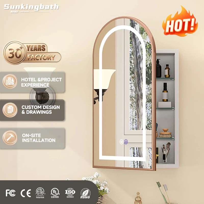 Smart Arched LED Mirror Cabinet with Anti-fog Function Power Outlet Stainless Bathroom Storage Medicine Cabinet with Mirror