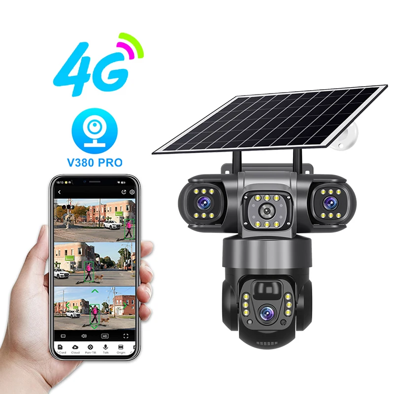 6MP V380专业太阳能户外安全摄像机移动远程视图WiFi 4G 3镜头3屏夜视1年保修