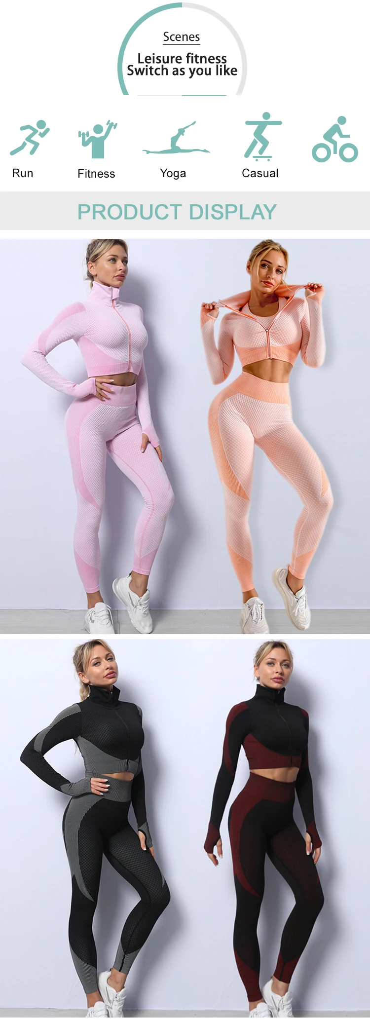 Shaxue Gym 3pcs Sports Yoga Suit For Women Fitness Seamless Yoga Set With Zipper Yoga Long