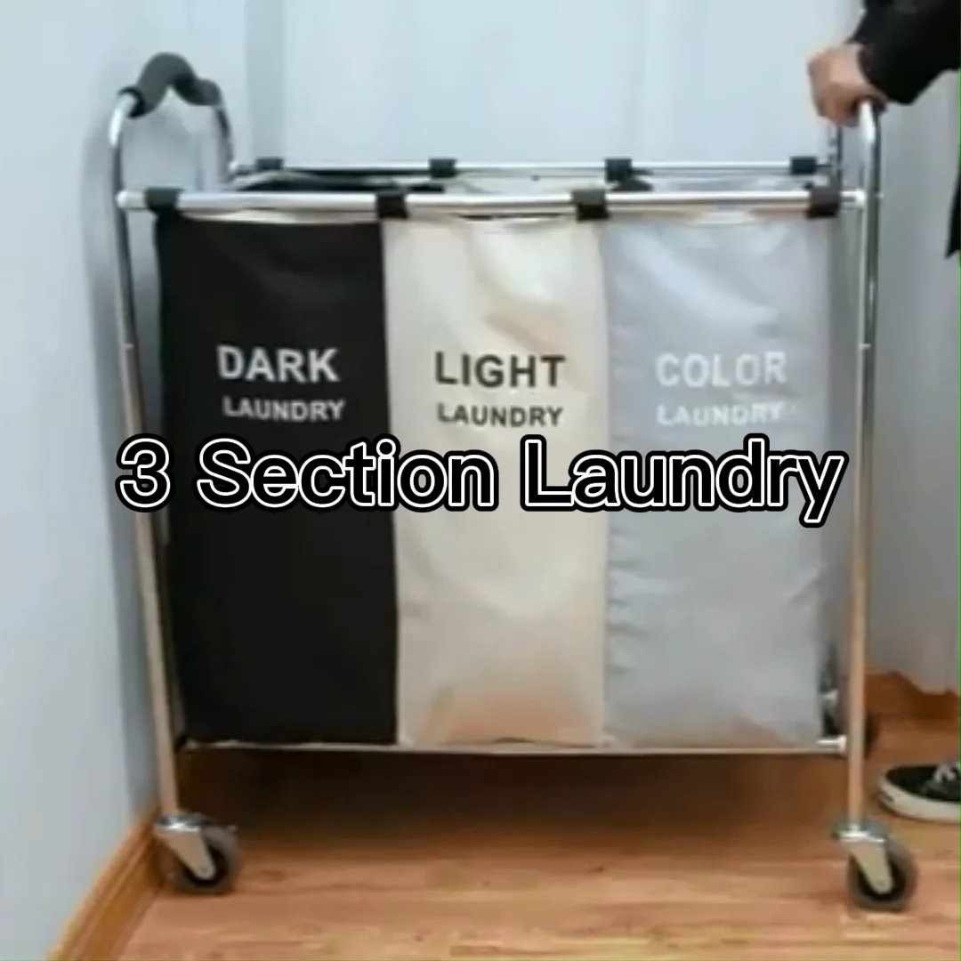 Folding Laundry Basket With Wheel Steel Customized 3 Sections Polyester