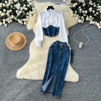 Korean Goddess-Style Women's Casual Skinny Denim Skirt Long-Sleeves Stitching Waist Belt Solid Pattern Plus Size Summer Sets