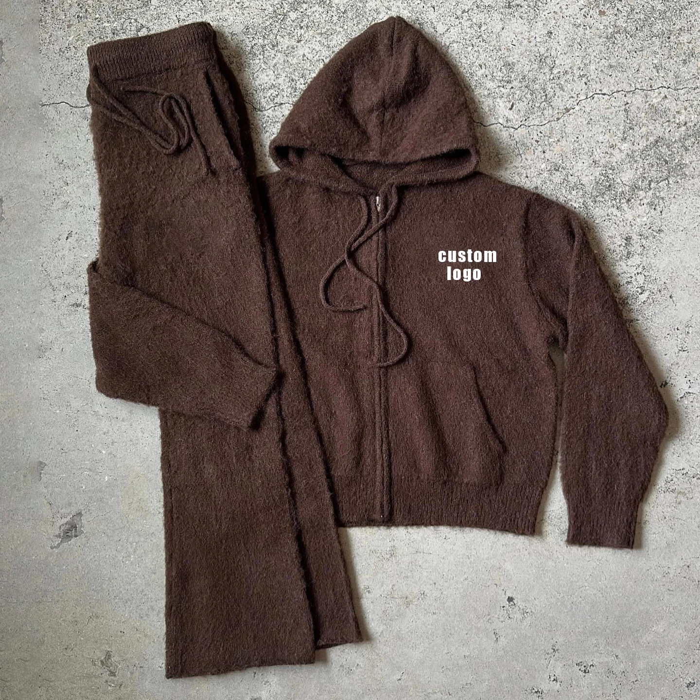 Custom Flared Sweatpants Tracksuit Sweatsuits Unisex Set Oversized Sweat Suit Mohair Zip up Hoodie and Jogger Sweat Pant Set Men gallery 3