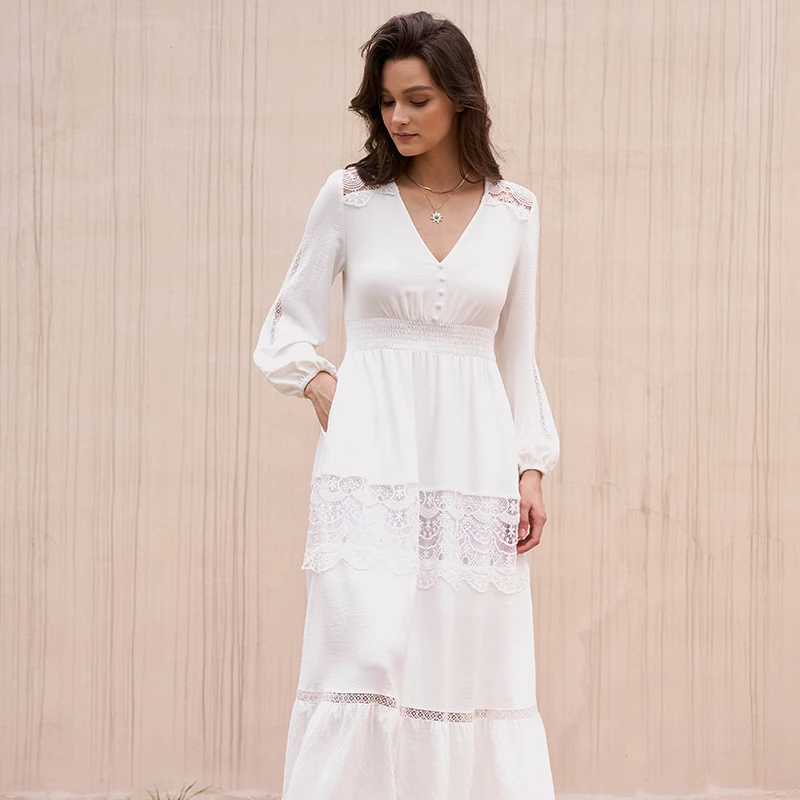 V Neck Lace Boho Dress Flowy Fall Wedding Party Guest Dresses Long Sleeve  Maxi White Dresses for Woman Elegant| Alibaba.com
