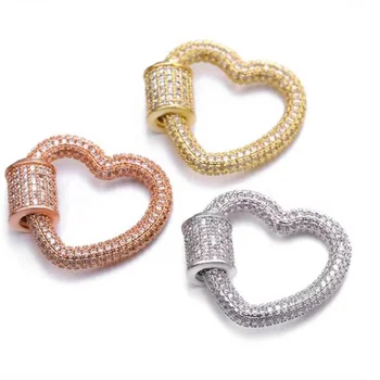 Brass Jewelry Zircon Heart Shape Screw Clasps for Chain Necklace Gold Plated Carabiner Clasp for Jewelry Making