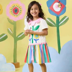 Good Quality Vintage Vibrant and Playful Short Sleeves Scalloped Collar Flower Stripe  Multi Flora Girls Dress