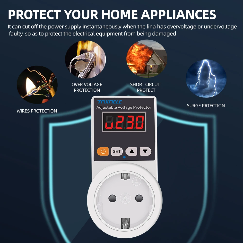 Automatic Voltage Protector AC 220V Adjustable 16A Power Surge Protector EU US Plug Socket Voltage Safe Refrigerator Protect