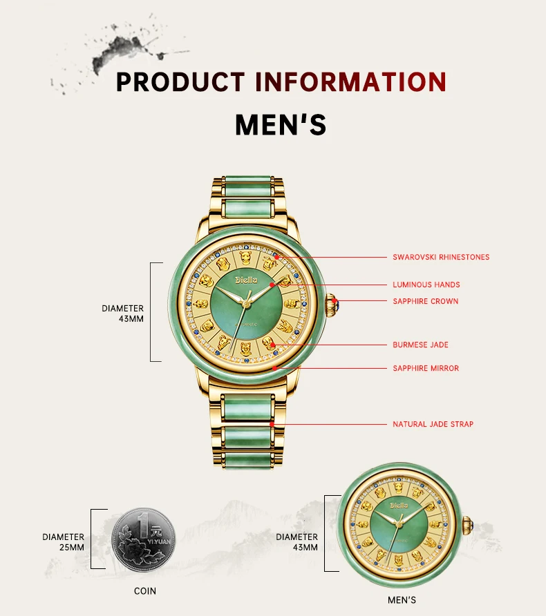 Diella Men's Mechanical Watch Jade Automatic Couple Pair Watch Simple Female Trend Wristwatch Business Luxury Sapphire 6007