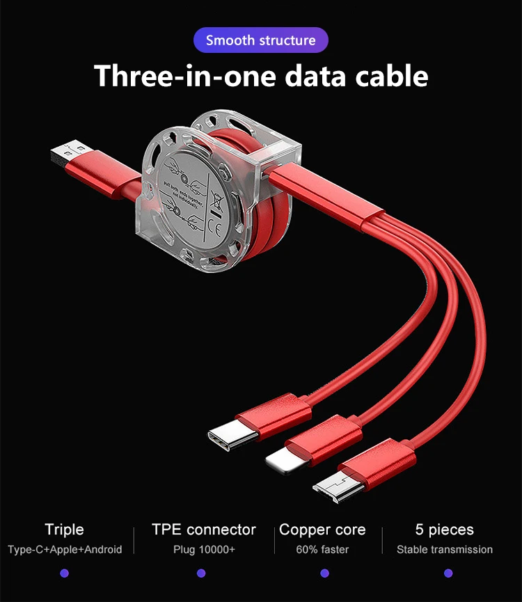 Multifunction Retractable 3in1 Charging Usb Fast Charge Data Line 3 In