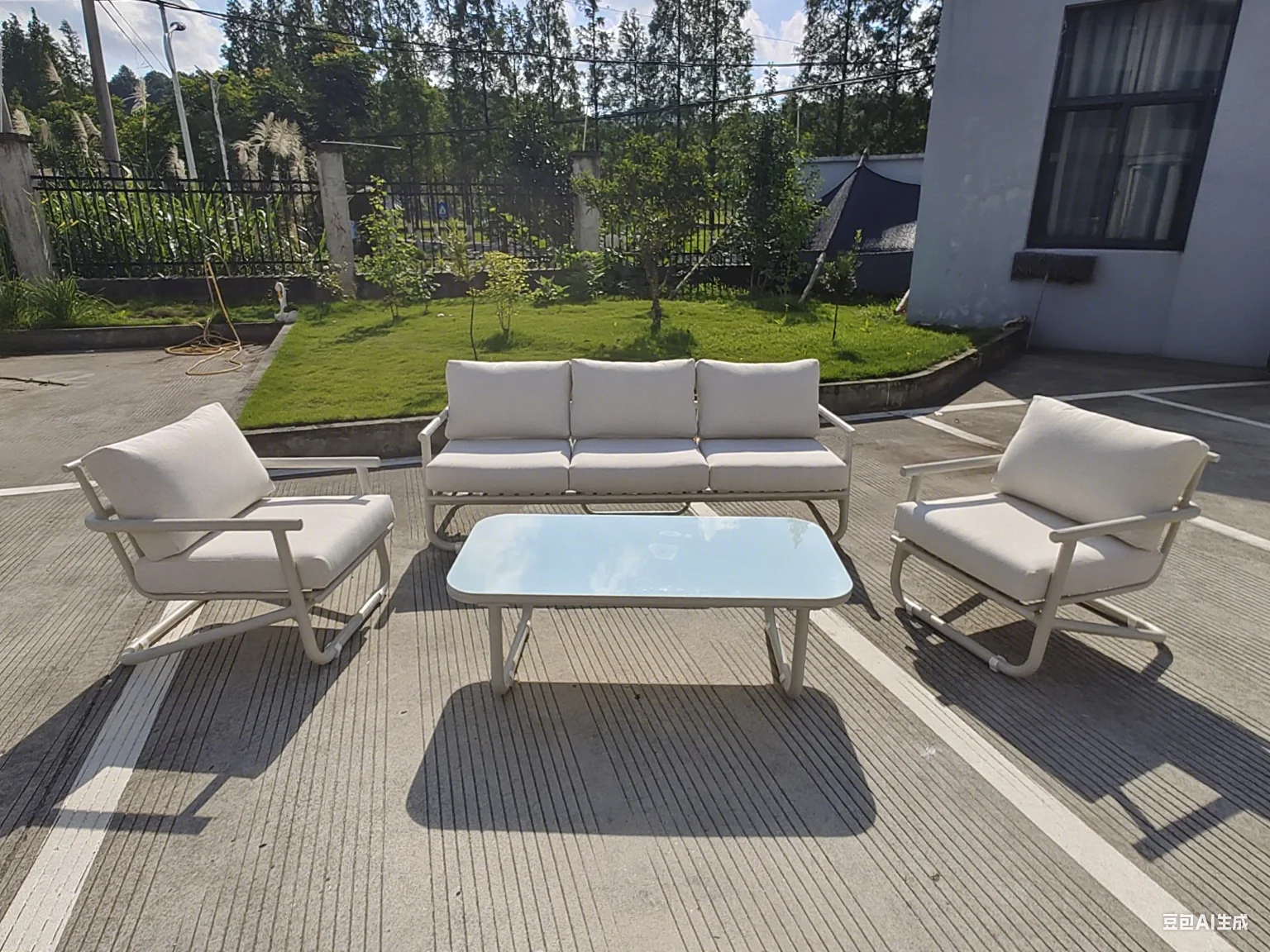 product aluminum frame sofa and coffee table set with beige cushions for outdoor patio-3