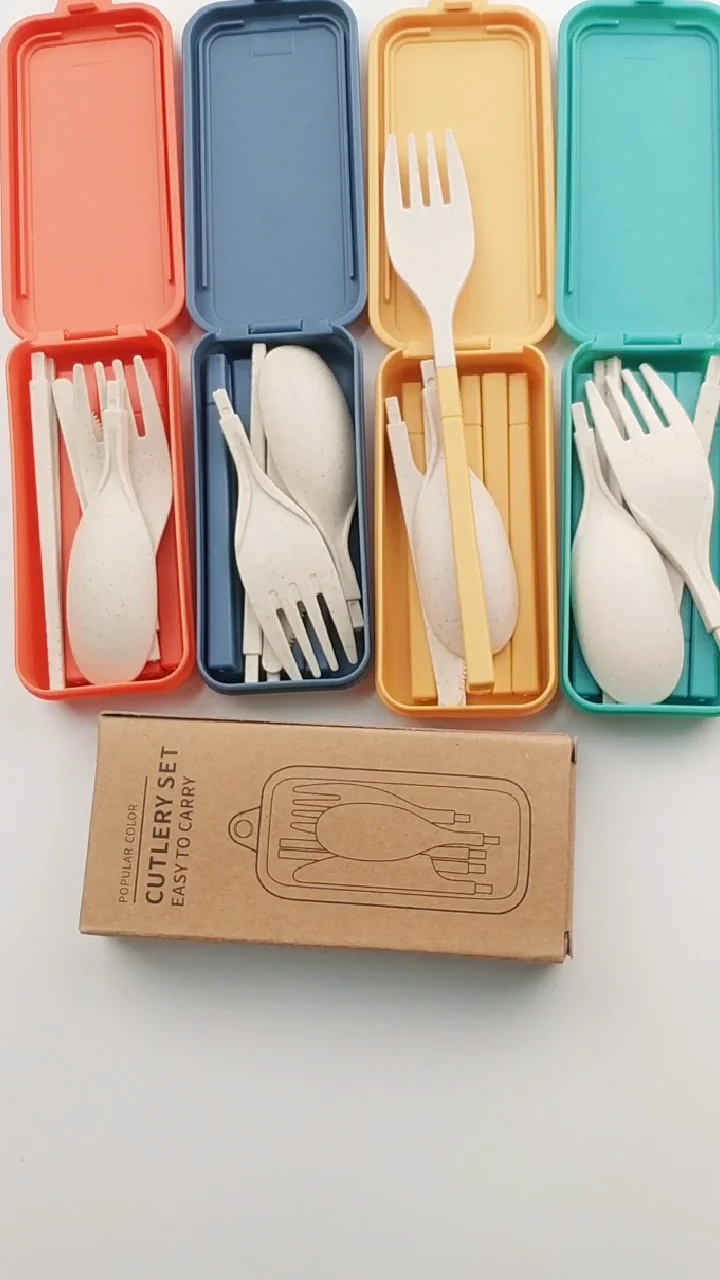 Detachable　Reusable　Set　Wholesale　Chopsticks　Wheat　Camping　Cutlery　Folding　Portable　From　4PCS　Fork　Travel　Spoon　Knife　Box　Straw　with