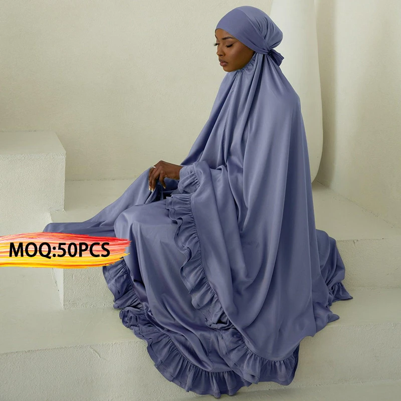 Traditional Custom Two Piece Prayer Sets Satin Ruffles Flare Ramadan Jibab Telekung Islamic Oversized Women's Muslim Clothing