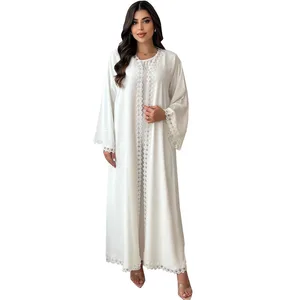 Women's Elegant White Polyester Maxi Sleeveless Sweetheart Neckline Abaya New Muslim Fashion Outer Wear Autumn Eid Celebrations