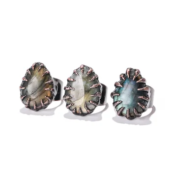 Factory Custom Natural Labradorite Stone Finger Ring Antique Brass Copper Teardrop Gemstone Ring For Men Jewelry