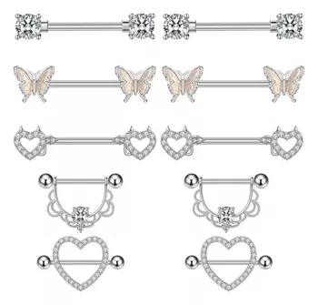 5Pairs/set Surgical Stainless Steel Silver CZ Heart Butterfly Flower Jewelry 14G Nipple Bars and Barbells Body Piercing