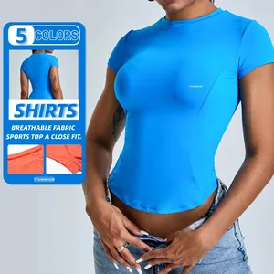 YISHENHON New Yoga Wear Tee Shirt Running Sportswear Short Sleeve Slim Sport Top Women Athletic Fitness T Shirts Workout Clothes