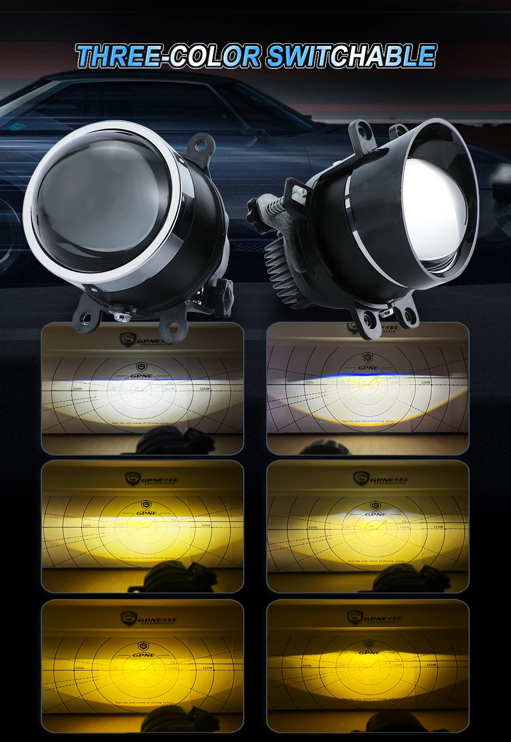 Universal Tri-color Foglamp Projector Lens  3000K/4300K/6000K  3 Inch Led Fog Lights for Cars