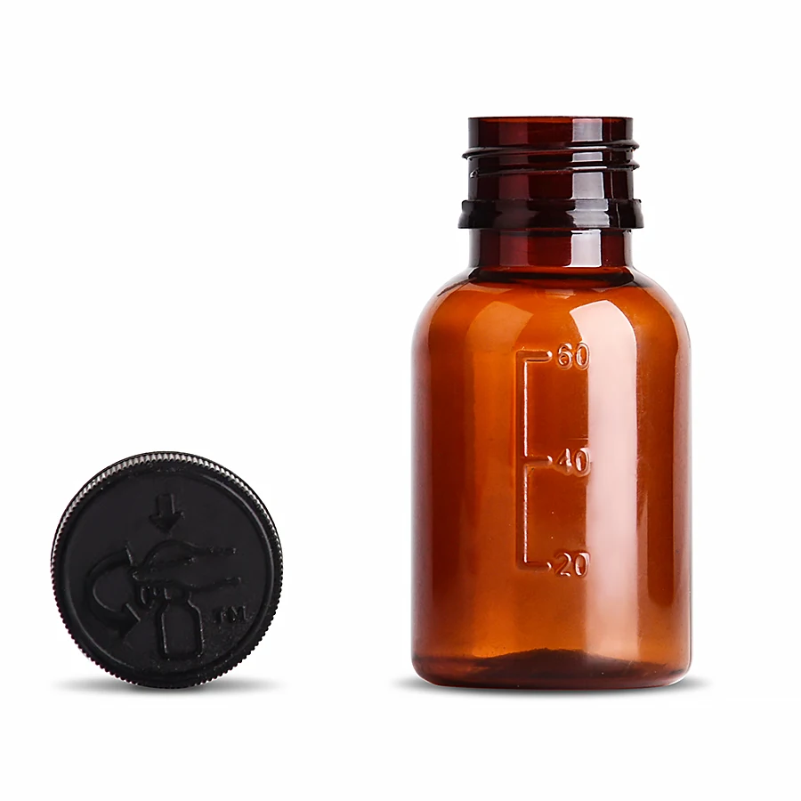 Safety Seal 2oz 60ml PET Plastic Medical Supplement Bottle Cough Syrup  Bottle With Measuring Cup Size-customized