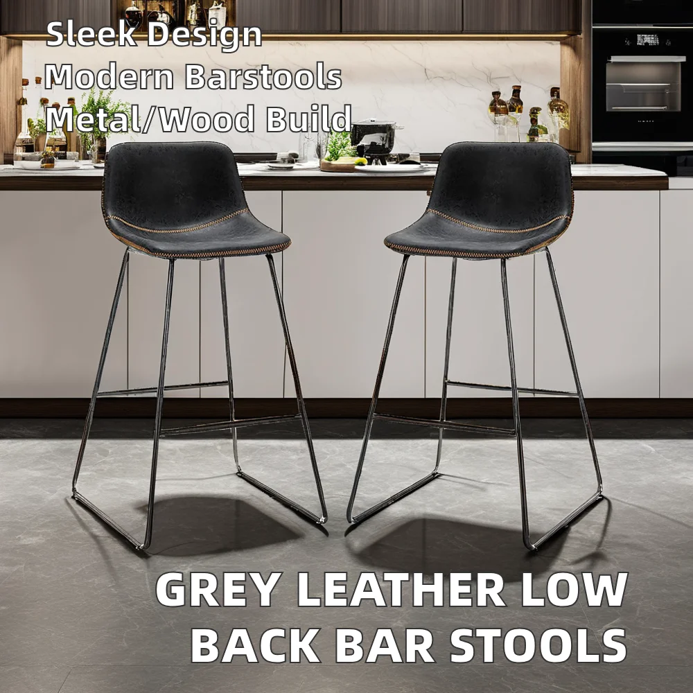 Contemporary Grey Leather Counter Bar Stools Low Back Dining Chairs with Modern Design for Hotels-Made from Bamboo