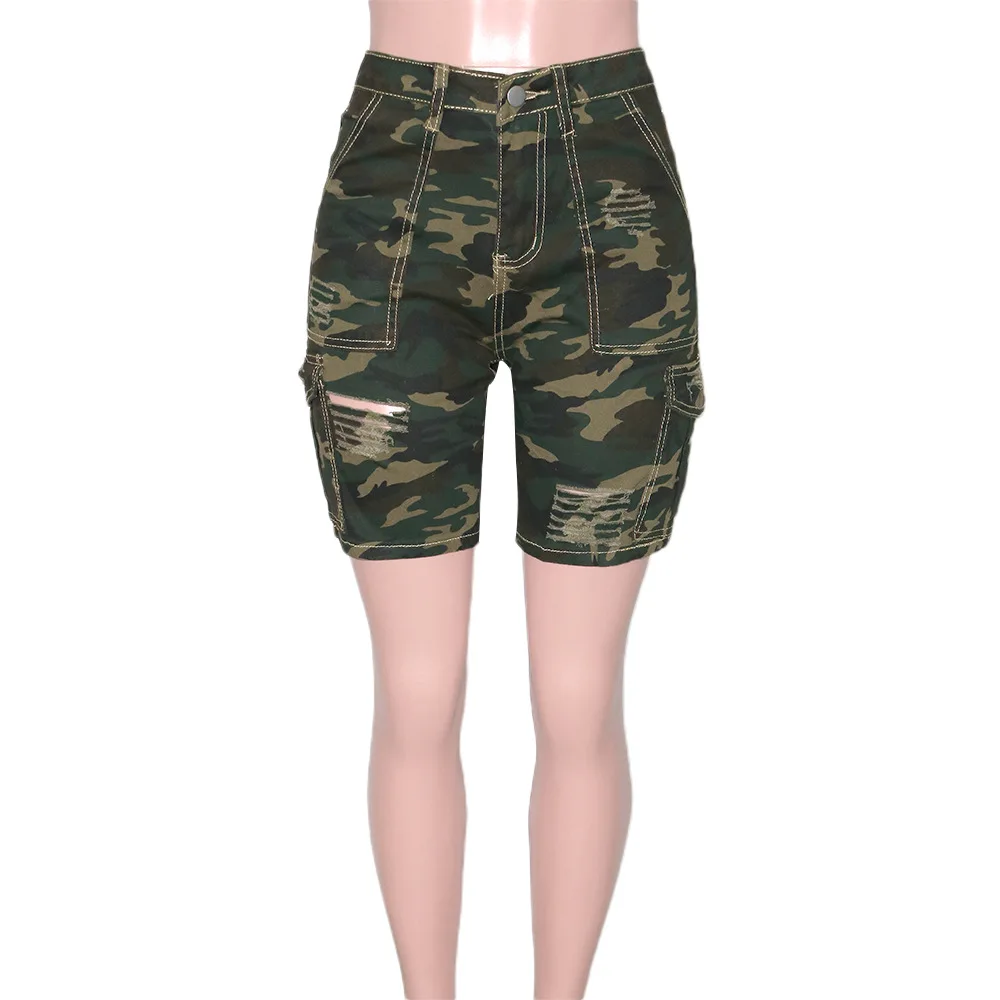 Trendy Multi Pocket Jeans Camo Shorts 