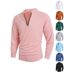 Summer Vertical Elastic Zipper Collar Long Sleeved Men's T-shirt