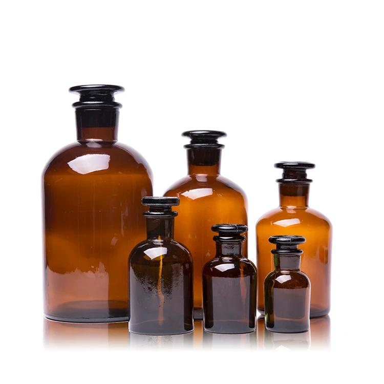 Factory Sale 125ml 250ml 500ml 1000ml Glass Amber Apothecary Jars With Glass Stopper Decorative Laboratory Reagent Vial