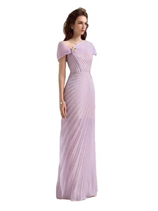 Bettergirl Fashion High Quality 2026 New Pleated Mesh Violet Long Dress Metal Irregular Short Sleeve Elegant Party Dress
