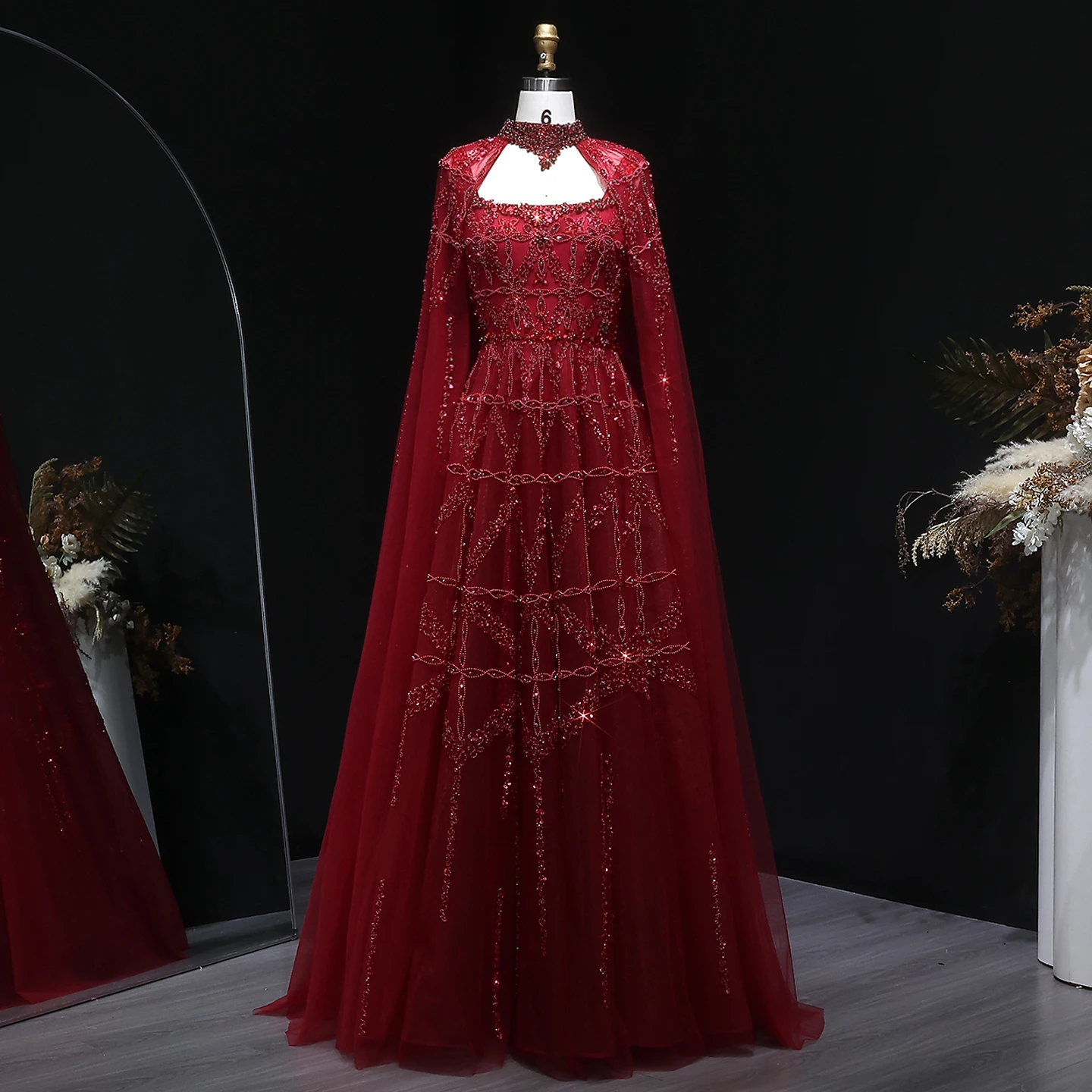 red prom dress with cape One-Shoulder Long Prom Dress with Floor-Length Cape Red / 12