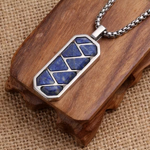 Rectangular Dogtag Design Blue Lapis Lazuli Inlay Brushed Finish Fashion Stainless Steel Pendant for Men and Women