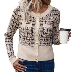 2025 Women's Casual Plaid Knitted Cardigan Small Fragrance Fashion Breathable Design Independent Store Autumn Button Sweater