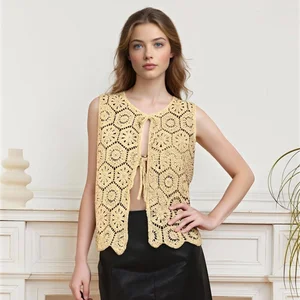 New Hollow-Out Knitted Crochet Cardigan Buttons Tie-Up Korean-Style Sleeveless Vest Casual Summer Short Cotton Women's Sweater