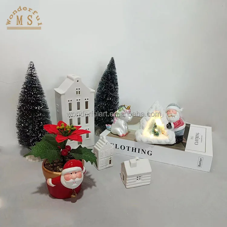 5cm Led Plastic Christmas Tree with Small Terracotta Santa Figurine This is Suitable for Seasoning Gift and Tabletop Decoration