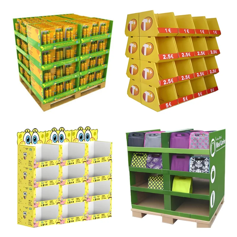 Easy Assembly 4-Shelf Supermarket Display Stand Corrugated Cardboard Floor with Removable Shelves for Promotions