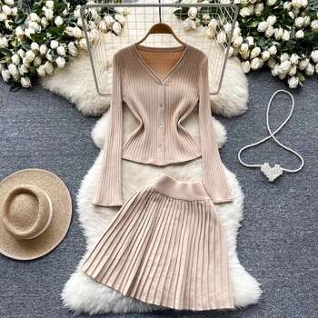 Fall Elegant 2 Piece Set For Women V-Neck Top And High Waist Knitted Skirts Set Clothing Wholesale