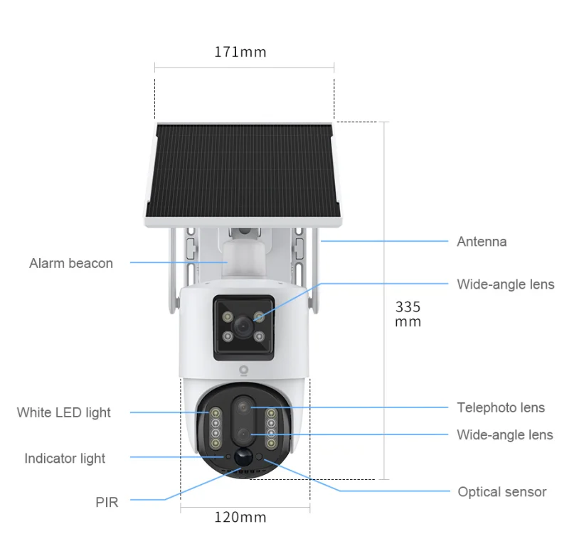 V380 4MP Outdoor Dome Camera 10x Zoom Triple Lens LTE SIM Card 4G IP Solar Energy 24/7 Recording CMOS Sensor Bullet Style Cloud