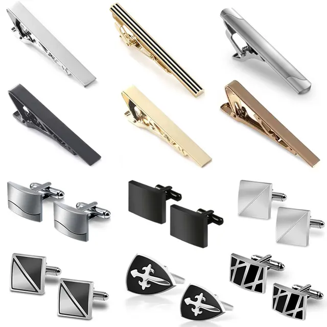 Men's Cufflinks Tie Clips Set Gold Plated Stainless Steel Jewelry Tie Bar Clip Cuff links for Wedding Groom Party Gift
