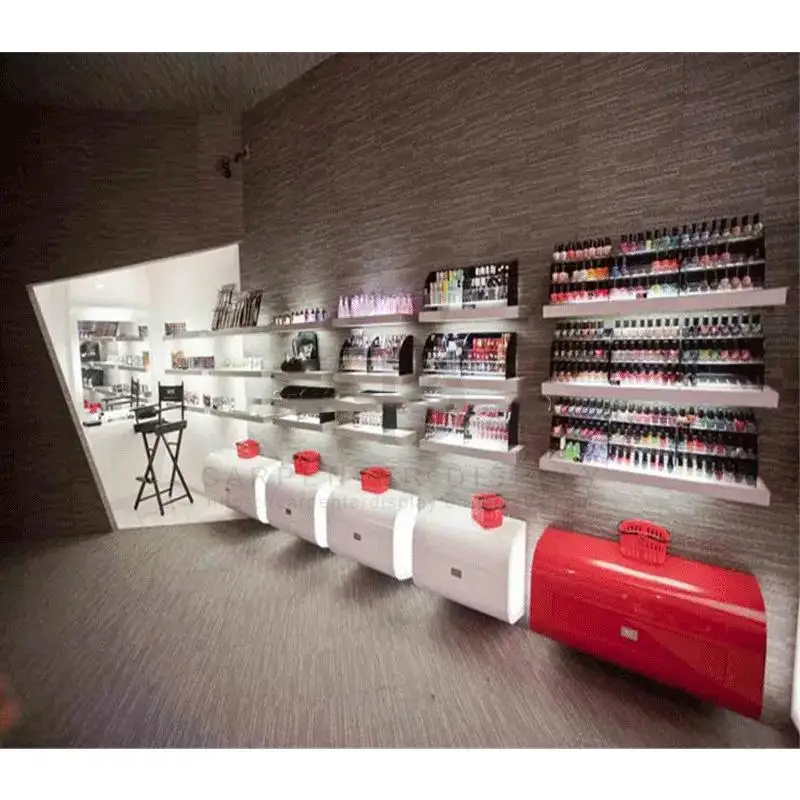 Custom Shop Chairs for Cosmetic Shop Cabinet Makeup Retail Stand Counter Showcase Beauty Display Showcase with LED Lighting