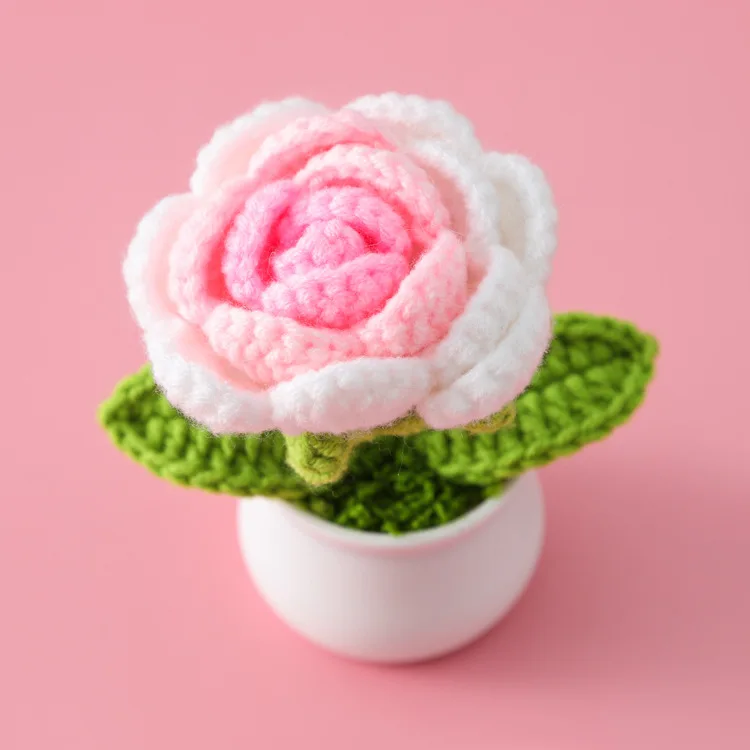 Top Rated Knitted Rose Middle Pot Office Ornament with LED Light Source Preserved Dried Flowers