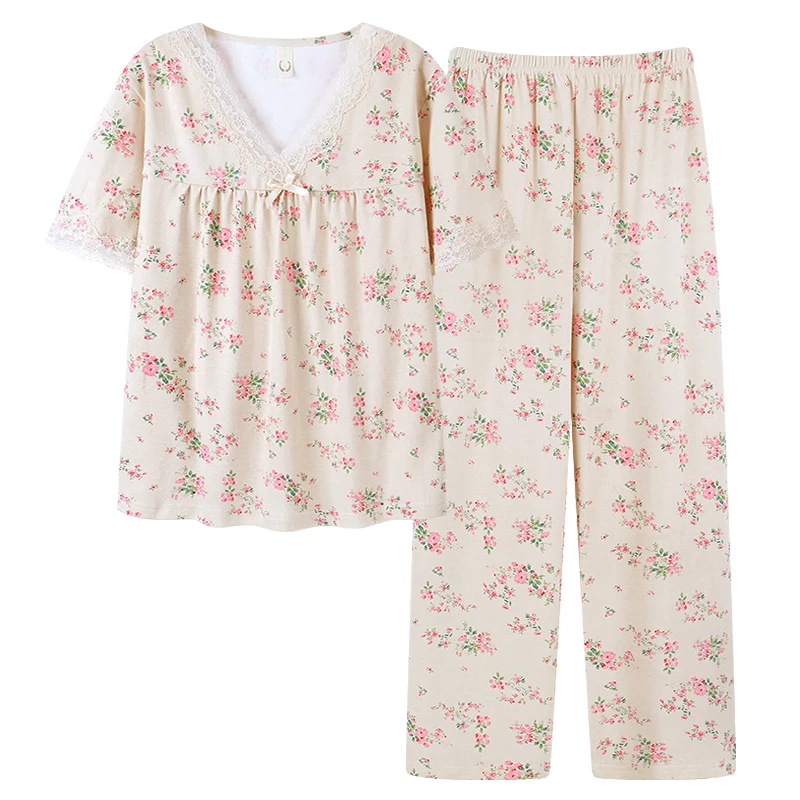Print Set Floral Cotton Piyama Nightgown Korean Sleepwear Pijama