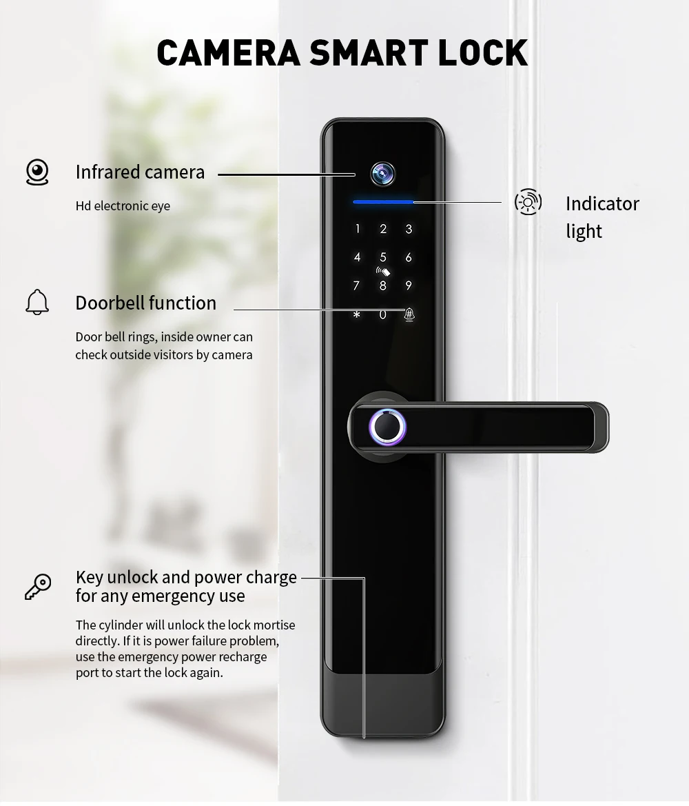 SMARTEK 2023 Thiết kế mới An toàn cho ngôi nhà thông minh Mắt mèo Camera View Khóa cửa kỹ thuật số vân tay Tuya