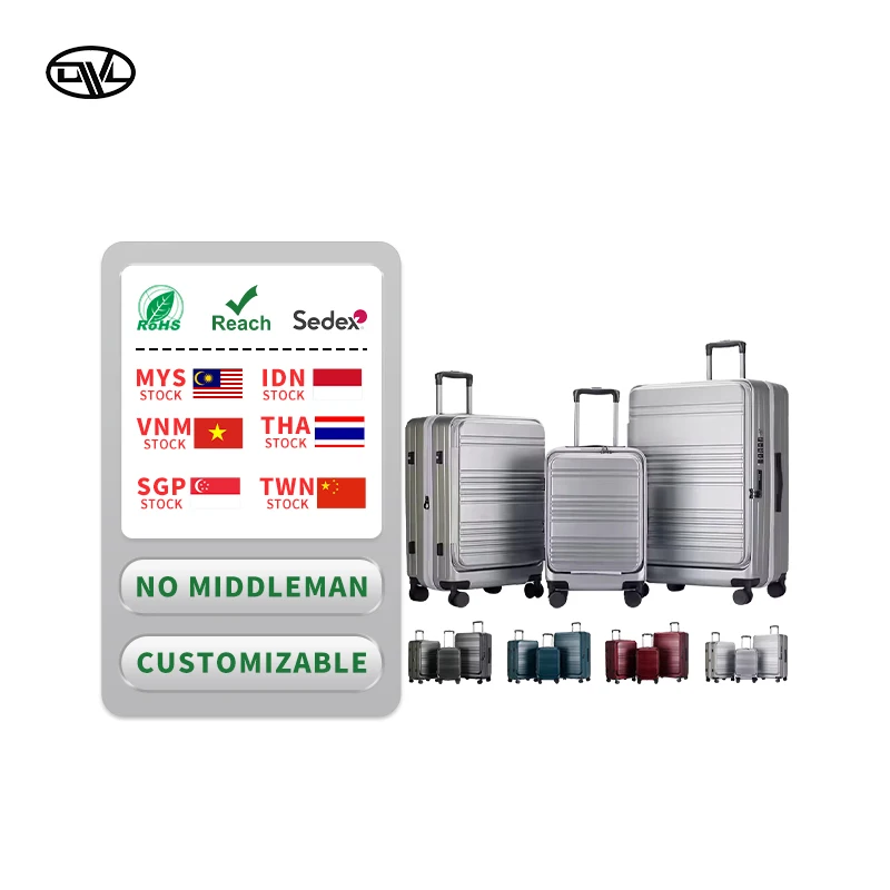 100% PC Expandable Lightweight Aluminum Trolley Silver Color Classic Luxury Luggage Sets Spinner Front Opening Customizable