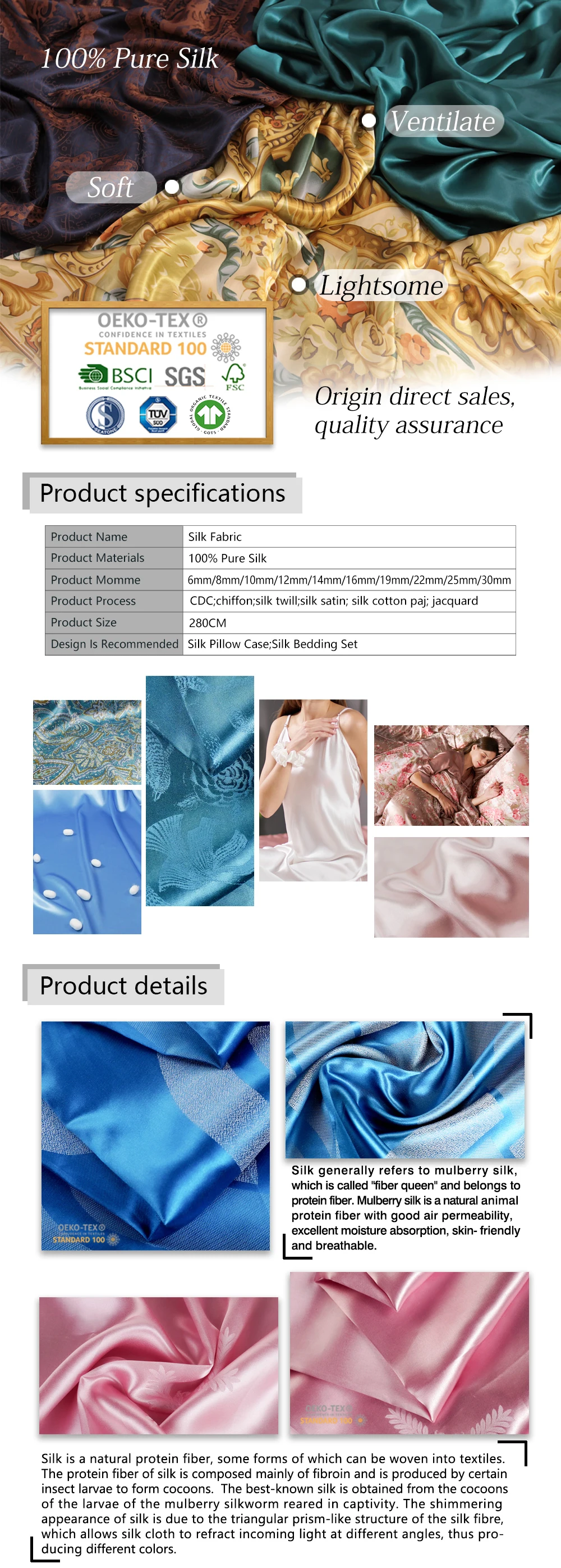 Oeko-tex 100 Wholesale 16 19 22 25 30 Momme 100% Pure Silk Fabric 6a ...