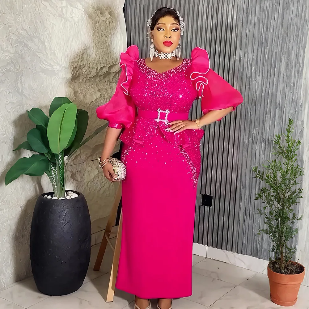 Luxury African Traditional Dresses Designs Wholesale Large Size Half Puff  Sleeve Beaded Evening Party Dress